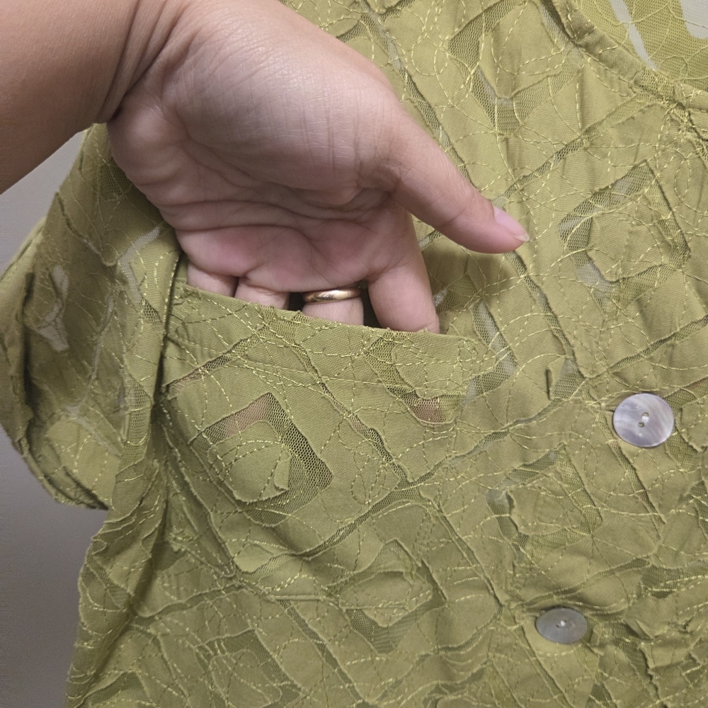 Ruby Rd. Cotton Blend Lace Overlay Button Front Top | Textured Green - Picture 6 of 6